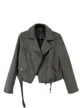 Forever 21 Olive Green Faux Suede Moto Jacket Zipper Pockets Belt Size L Womens